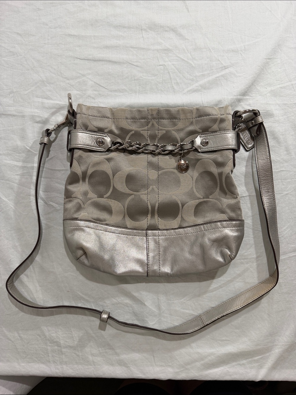 Coach Metallic Trim Signature Monogram Crossbody in Taupe and Silver